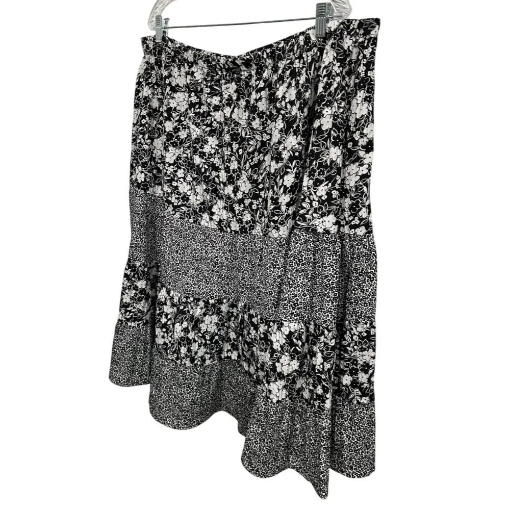 Susan Graver Womens Black White Floral Tiered Skirt Sz 2X